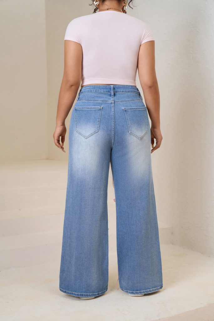 Women plus High-Waisted Wide-Leg Denim Pants with Pink Ribbon Embellishments