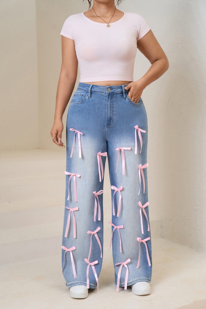 Women plus High-Waisted Wide-Leg Denim Pants with Pink Ribbon Embellishments