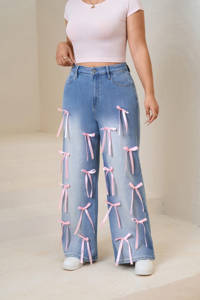 Women plus High-Waisted Wide-Leg Denim Pants with Pink Ribbon Embellishments