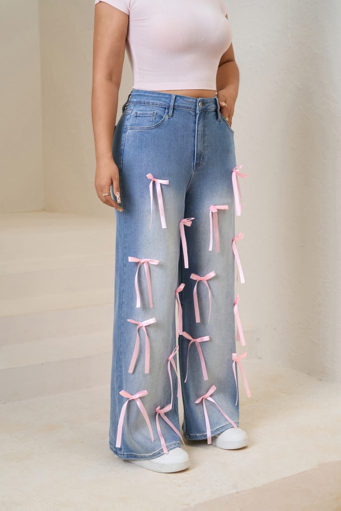 Women plus High-Waisted Wide-Leg Denim Pants with Pink Ribbon Embellishments