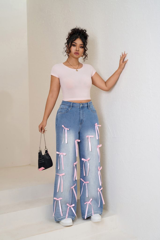 Women plus High-Waisted Wide-Leg Denim Pants with Pink Ribbon Embellishments